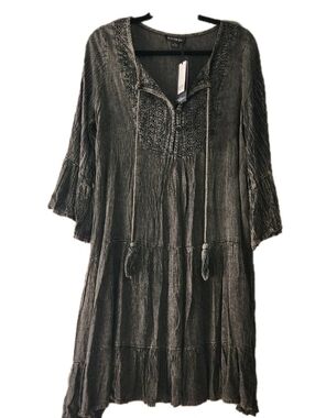 Beach By Exist Black Crinkled Tunic Coverup with Tassel Ties